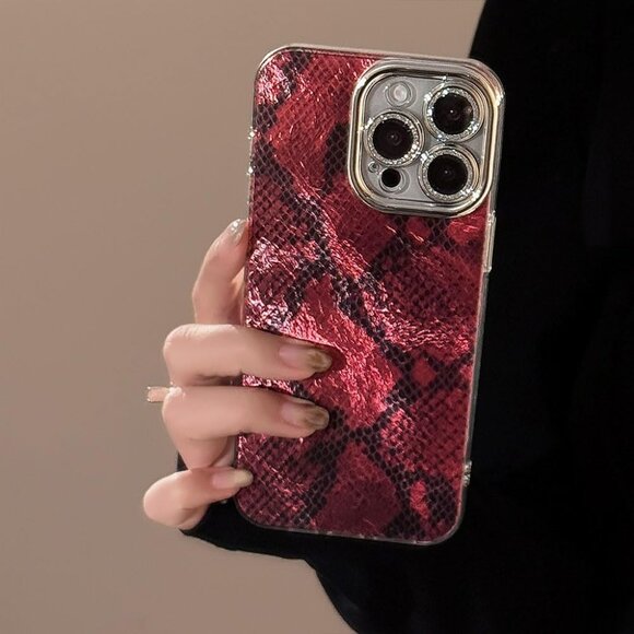 iPhone 16 Pro Max Case – Matte Snake Print + Bling Lens Protector (6.9”) Red - Picture 1 of 4